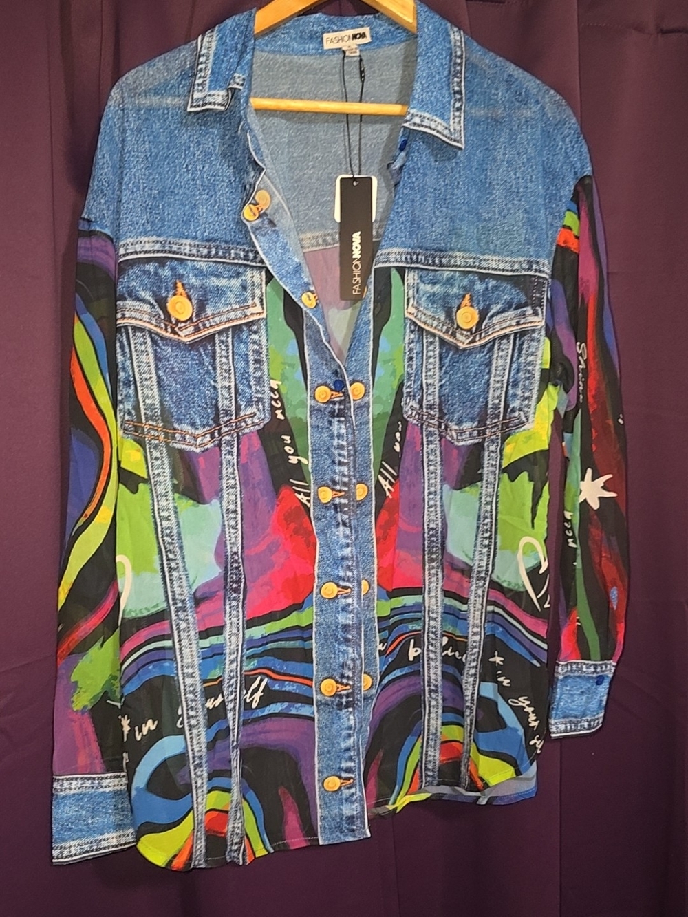 Fashion Nova Multicolor Denim-Print Button Jacket